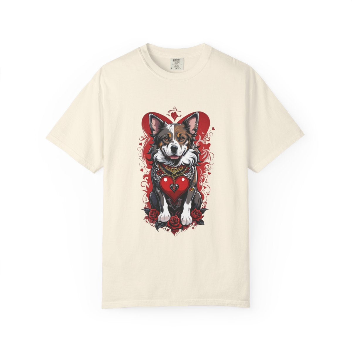 Beige t-shirt with a retro style dog graphic design featuring a heart on a white background