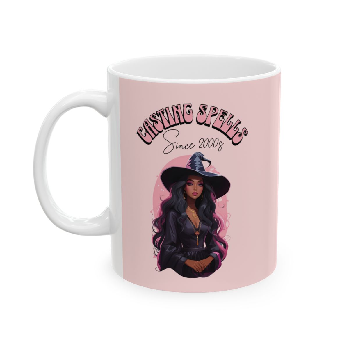 Light Pink Mug with a beautiful long haired black witch graphic and a pastel pink  'Casting Spells Since 2000s' text written in retro groovy aesthetic letters on a pink background