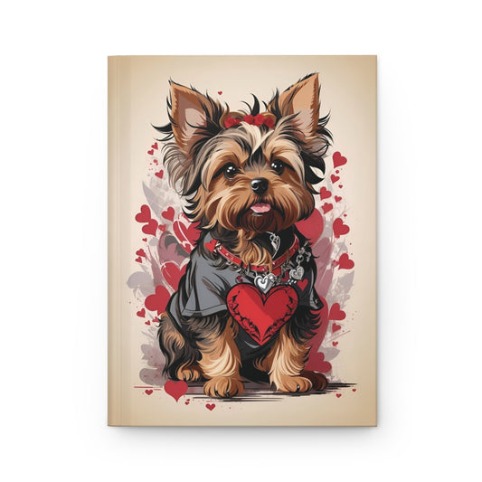 Journal with a cute 2000s tattoo aesthetic Yorkshire terrier puppy illustration and red heart graphics