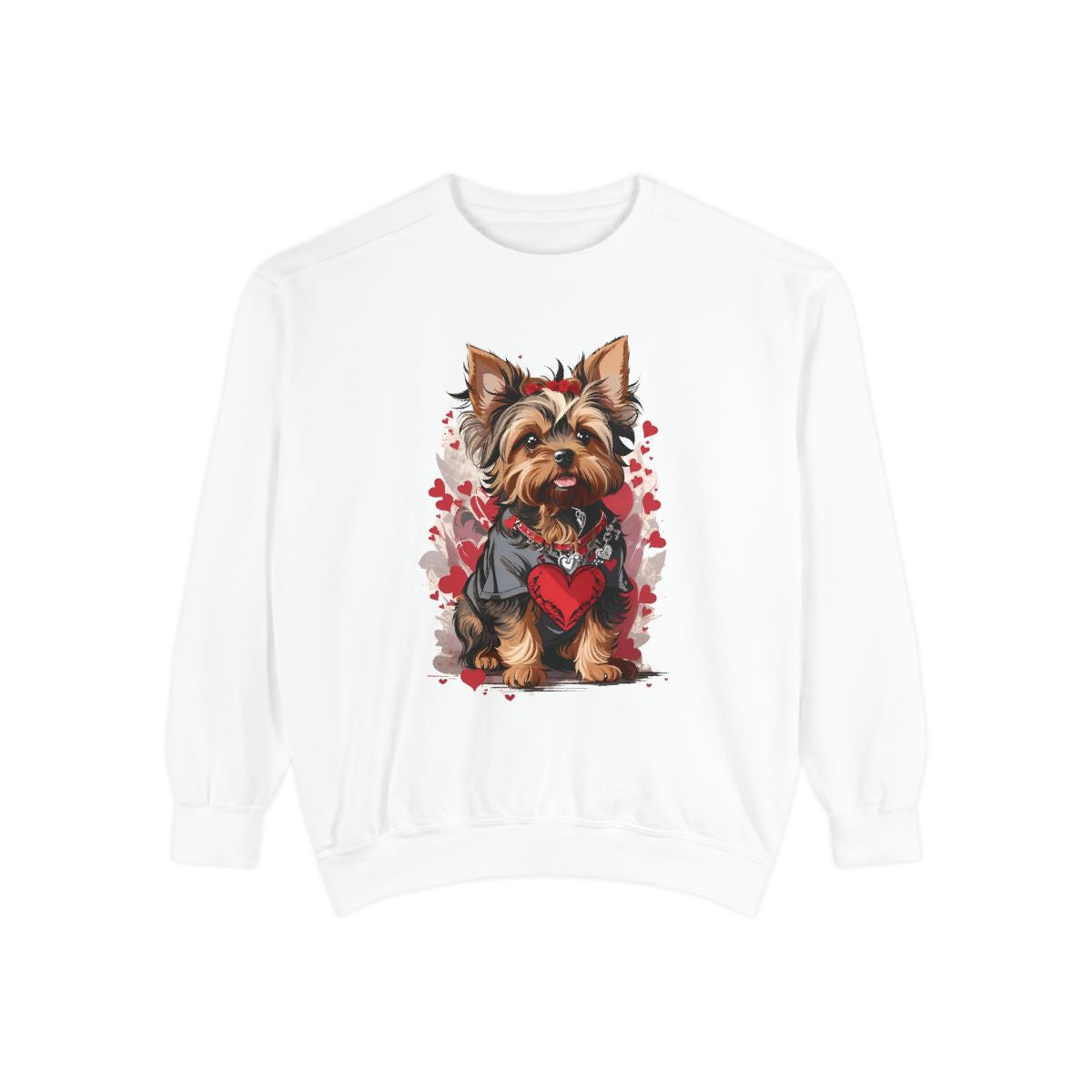 White sweatshirt with a Yorkshire terrier graphic and heart design on a white background